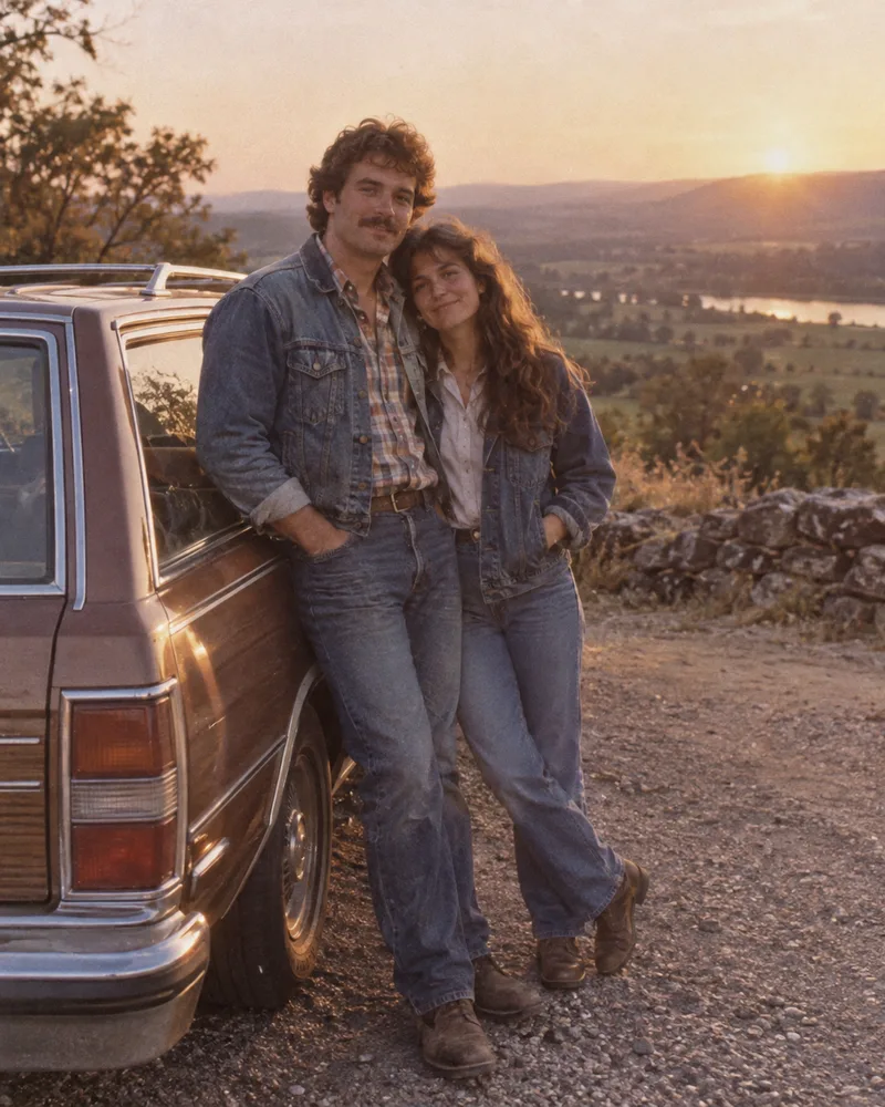 Our first road trip — 1980s couples AI-created scene reference